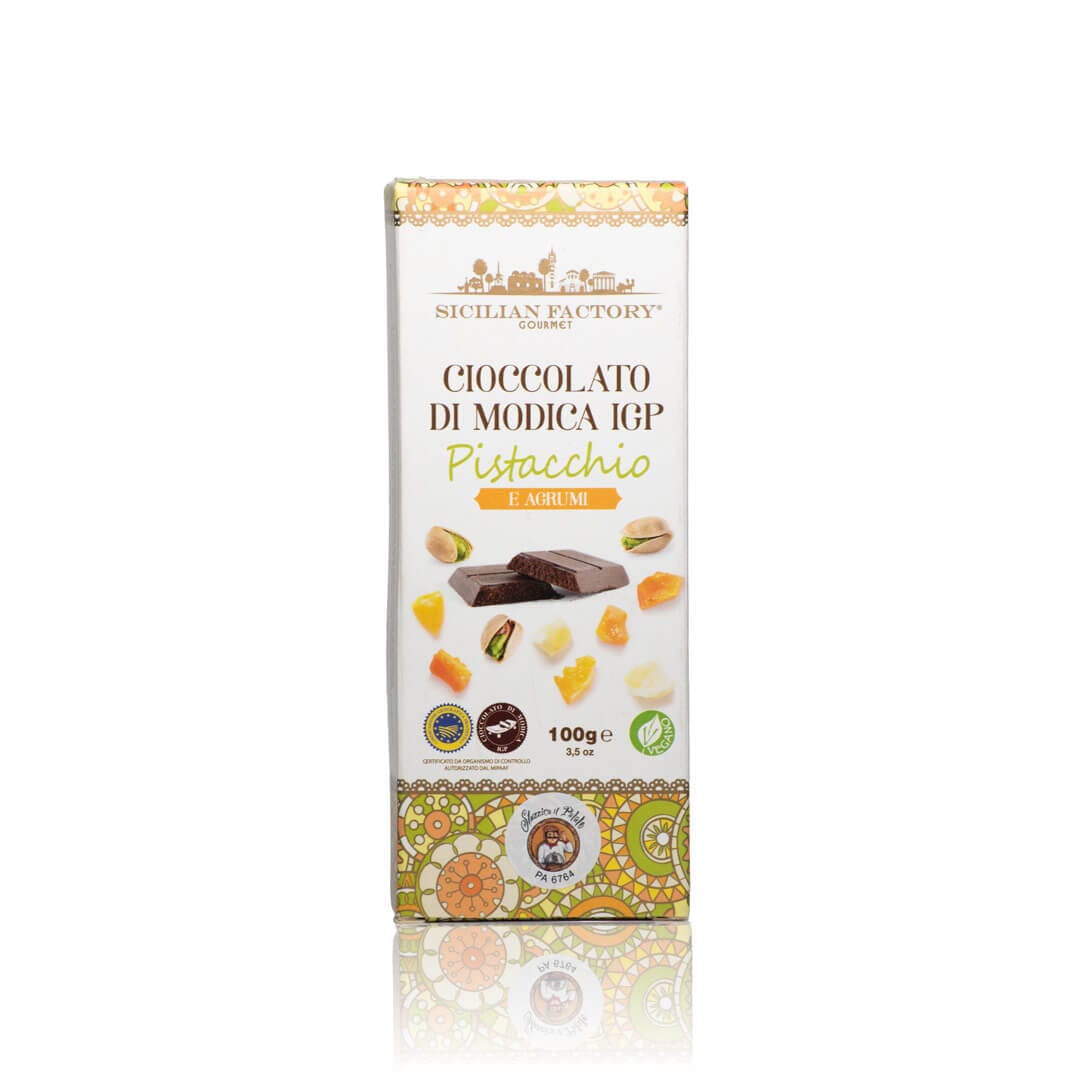 Cioccolato di Modica IGP al Pistacchio e Agrumi (100g) 1 Cioccolato di Modica IGP al Pistacchio e Agrumi (100g)