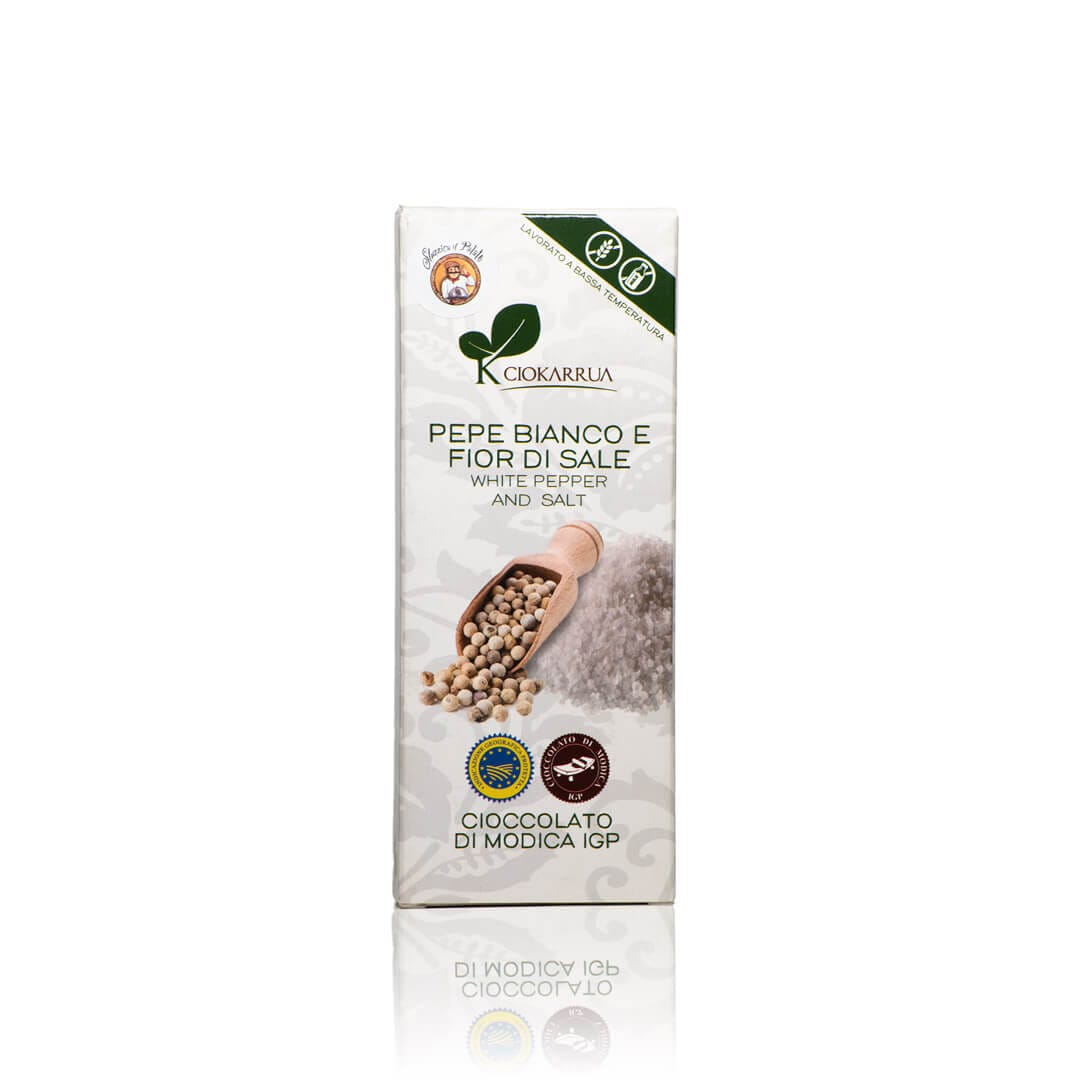 Cioccolato di Modica IGP al Pepe Bianco e Fior di Sale (100g) 1 Cioccolato di Modica IGP al Pepe Bianco e Fior di Sale (100g)