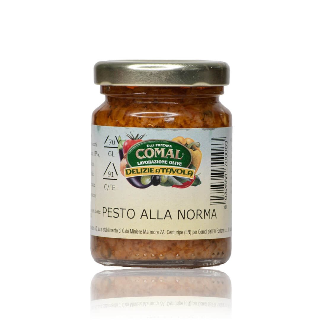 Pesto alla Norma "Comal" (90g): Il Sapore di Catania in un Vasetto 1 Pesto alla Norma "Comal" (90g): Il Sapore di Catania in un Vasetto